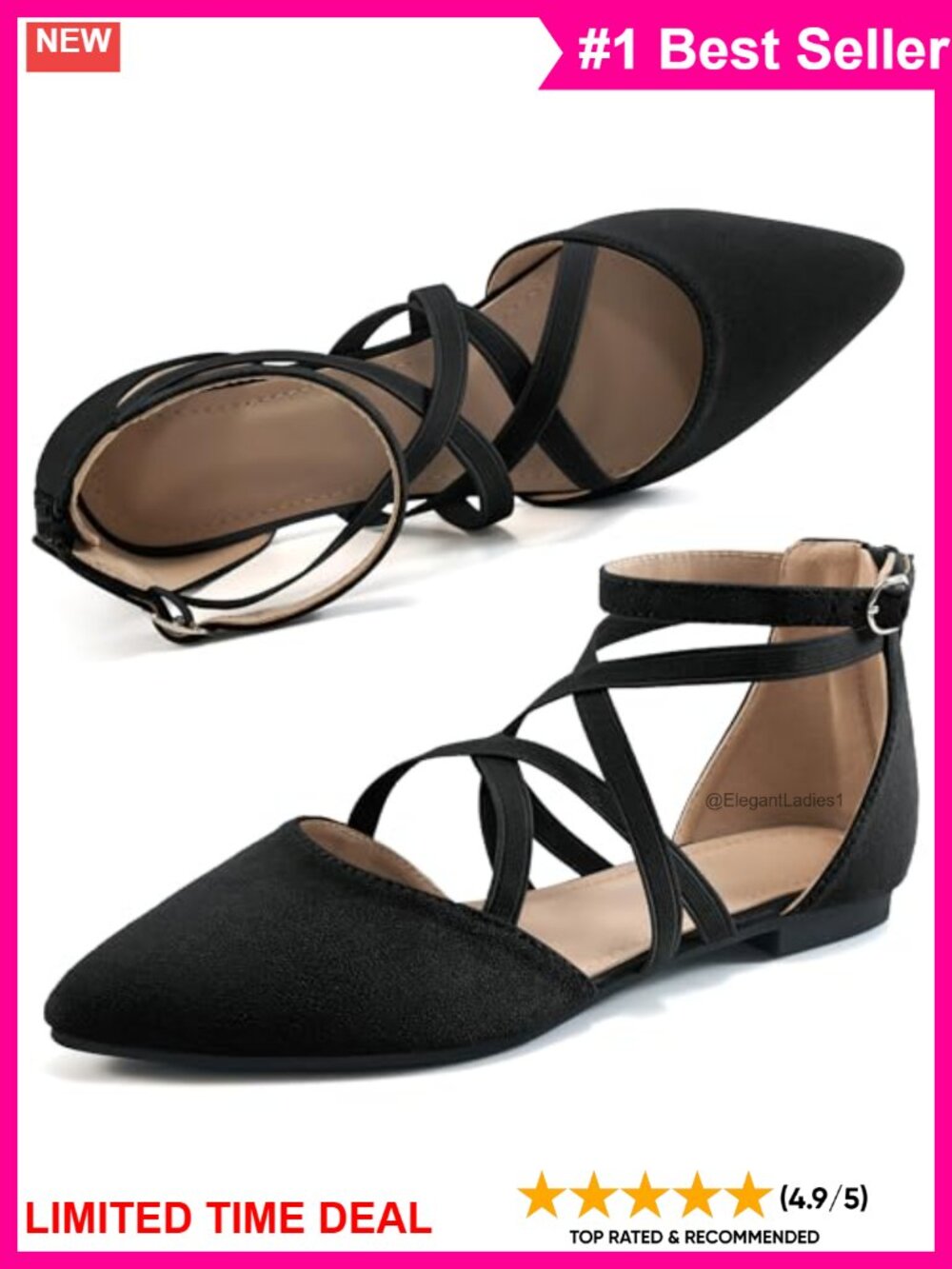 Pointed Toe Ballet Flats with Zipper and Ankle Strap
